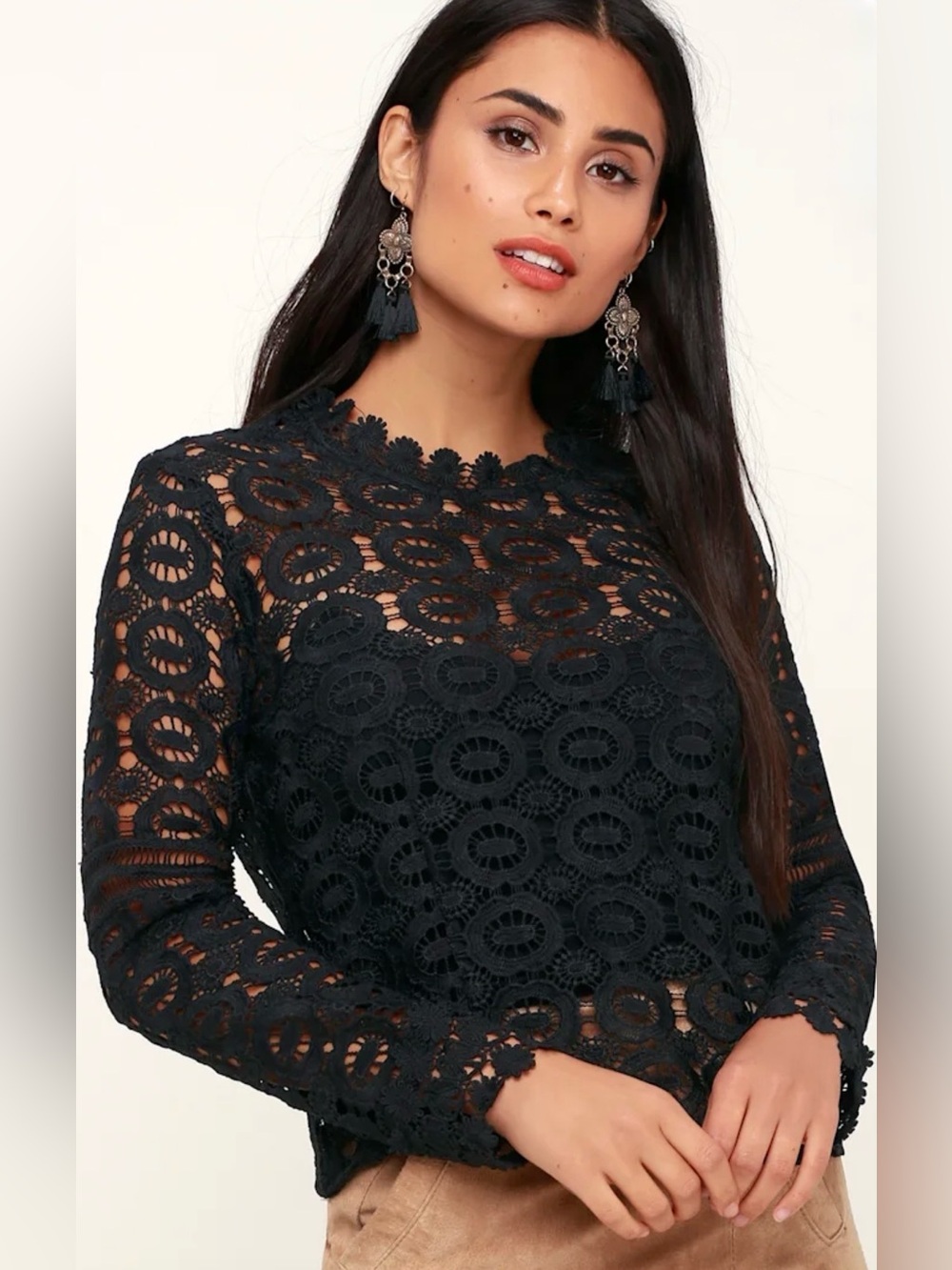 Lulus Exclusive Women's Black Crochet Lace Unlined Sheer Long-Sleeve Top